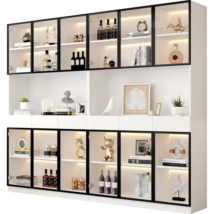 Vitrinenschrank 240x36x200 cm in Weiß, LED-Beleuchtung, Glastüren & 3 Schubladen – Bild 4