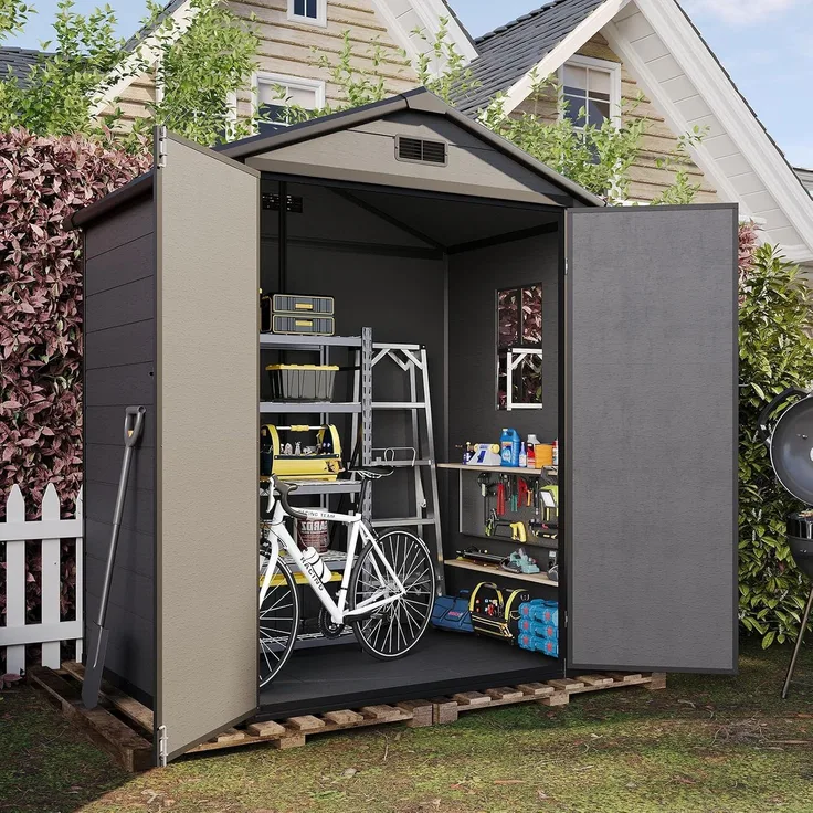 Aoxun Gartenhaus Kunststoff 4m³ mit Fundament | 182x124x210 cm | Geräteschuppen mit Boden, Gerätehaus Satteldach, Belüftet, Gartenhütte Wasserdicht für Fahrrad, Terrasse, Rasen und Werkzeug, Schwarz