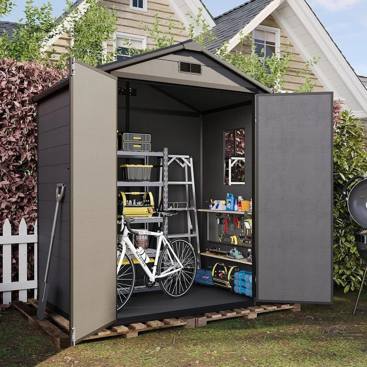 Aoxun Gartenhaus Kunststoff 4m³ mit Fundament | 182x124x210 cm | Geräteschuppen mit Boden, Gerätehaus Satteldach, Belüftet, Gartenhütte Wasserdicht für Fahrrad, Terrasse, Rasen und Werkzeug, Schwarz – Bild 1