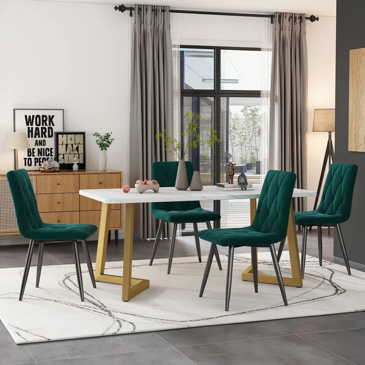 Essgruppe 5-teilig mit Marmoroptik Tisch 117×68 cm & 4 grün Leinenstühlen,Esszimmer-Set für Küche und Wohnzimmer