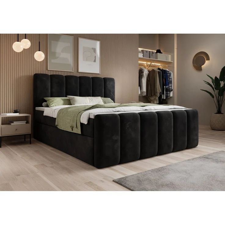 thematys Boxbett mit Bettkasten 200x200cm, mit Bonnellfederkernmatratze H3, Bouclé/Velours, mit Stauraum, mit 3 cm Topper, Schwarz (Velluto 20) – Bild 3