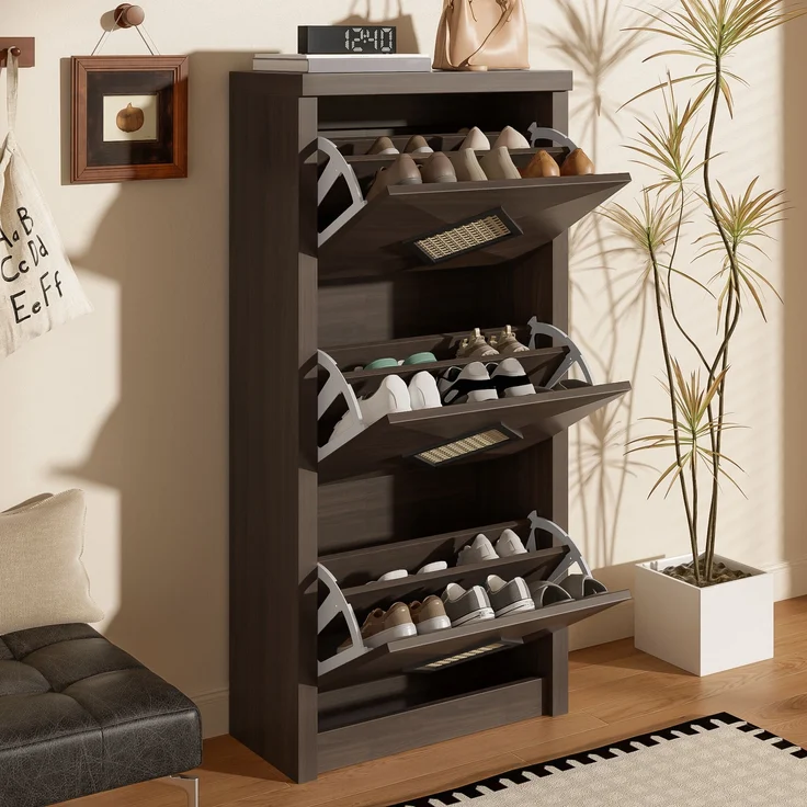 Schuhschrank, Holzoptik mit Rattan-Dekor & 3 Klappfächern, 54x25x115 cm, Walnussfarbe – Bild 4