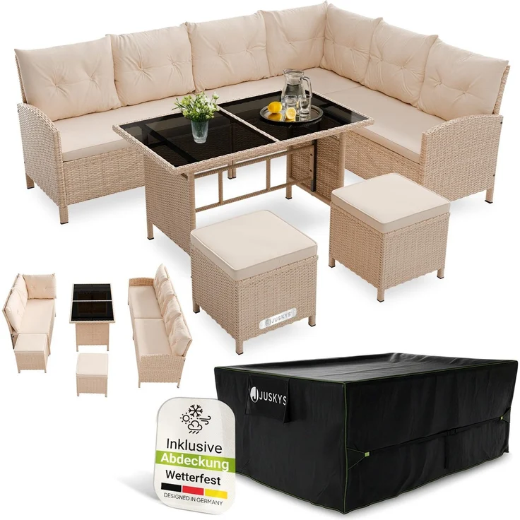 Juskys Polyrattan Lounge Manacor creme – Gartenlounge mit Sofa, Tisch, 2 Hocker & Kissen, inkl. Abdeckung – Gartenmöbel Set bis 8 Personen – Sitzbezüge in Sand – Bild 1