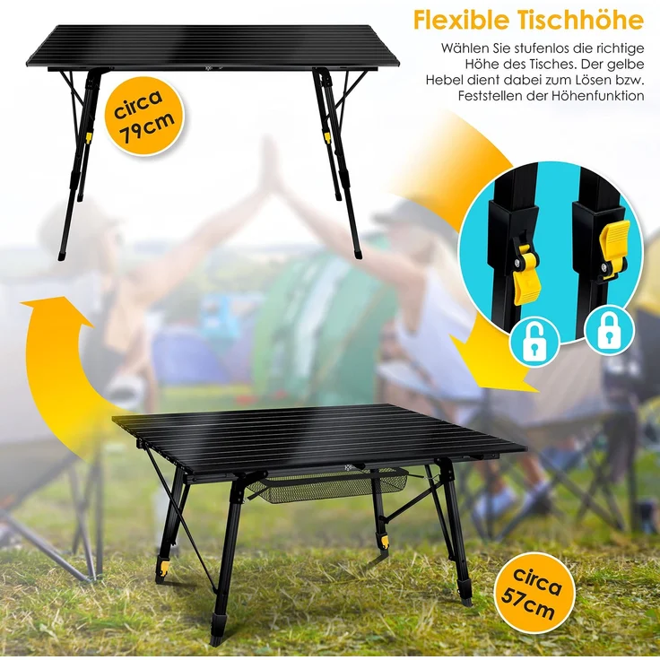 KESSER® Campingtisch faltbar Klapptisch mit Aluminiumrahmen Aufrollbare Tischplatte Falttisch klappbar höhenverstellbar inkl. Tragetasche mit Trageband & Netztasche Schwarz (120 x 70cm) – Bild 3