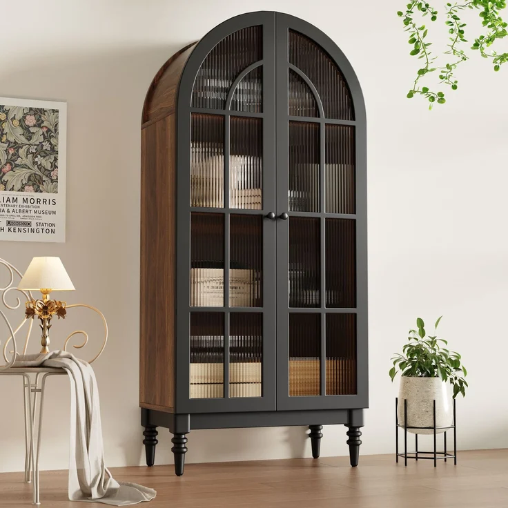 Hoher Bogen-Aufbewahrungsschrank, freistehende hohe Bogen-Aufbewahrungstür für Küche und Wohnzimmer,Küchenschrank, Aufbewahrungsschrank,Vitrine mit Glastüren,Schrank mit Holzmaserung, 2 Schränke – Bild 3