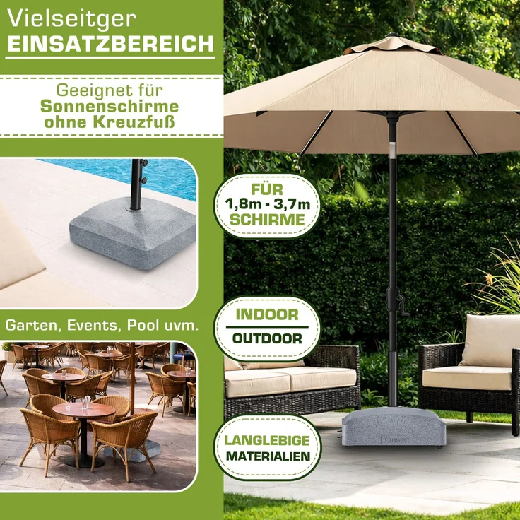 tillvex® Sonnenschirmständer PAVERA mit Rollen & Bremsen Granit-Optik | Schirmständer befüllbar 37 Liter / 56 kg | Schirmgewicht Sonnenschirm & Marktschirm Ø 1,8-3,7m | Ampelschirmständer wetterfest – Bild 6