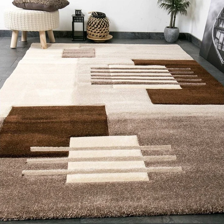 Vimoda Designteppich Teppich Kurzflor Wohnzimmer Beige, Rechteckig, Höhe: 13 mm, Teppich Beige Kachel Linien mit Konturenschnitt – Bild 2