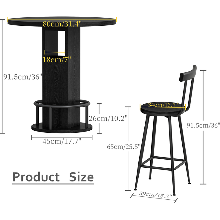 3-teiliges Bar-Tisch- und Hocker-Set 31,5-Zoll-Rundtisch mit zwei Hockern Holz-Esstisch mit ringförmiger Fußstütze aus Metall Geeignet für Esszimmer, Cafés, Bars, Wohnzimmer usw, Schwarz--Schwarz--80x80x91.5cm--YOUDENOVA – Bild 5