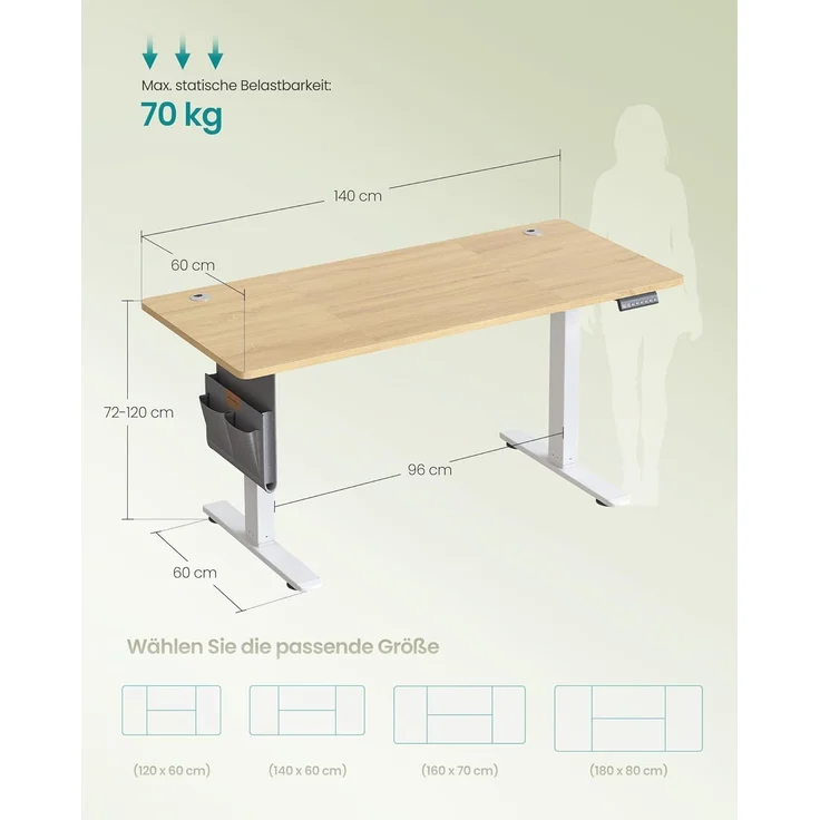 SONGMICS Höhenverstellbarer Schreibtisch elektrisch, 140x60 cm, Memory-Funktion mit 4 Höhen, USB-C-Anschluss, goldeichenfarben LSD134YA01 – Bild 2