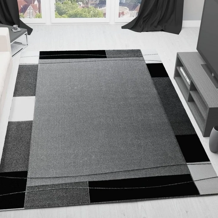 Vimoda Teppich Teppichwohnzimmer Grau Klassiker Kurzflor dicht gewebt, Rechteckig, Höhe: 13 mm, Teppich mit Bordürenmotiv grau weiß schwarz und Konturenschnitt – Bild 5