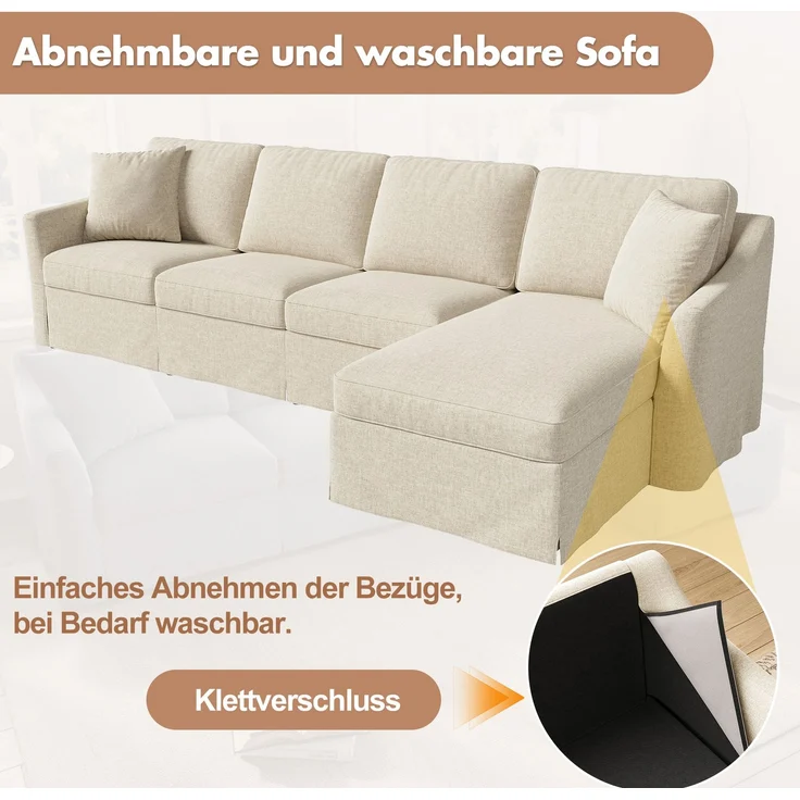 DESVIAE Sofa L-Form Beige aus Leinenoptik – 274x83x128,5 cm – Stauraum, abnehmbare Bezüge – Bild 5