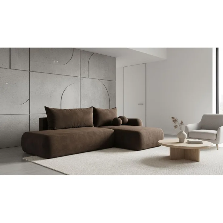 Wohnero24 Ecksofa FIRELLI Rechts 300×190 cm – Modernes Schlafsofa mit Bettkasten – Weicher Velours Stoff Braun – Schlaffläche 225×140 cm