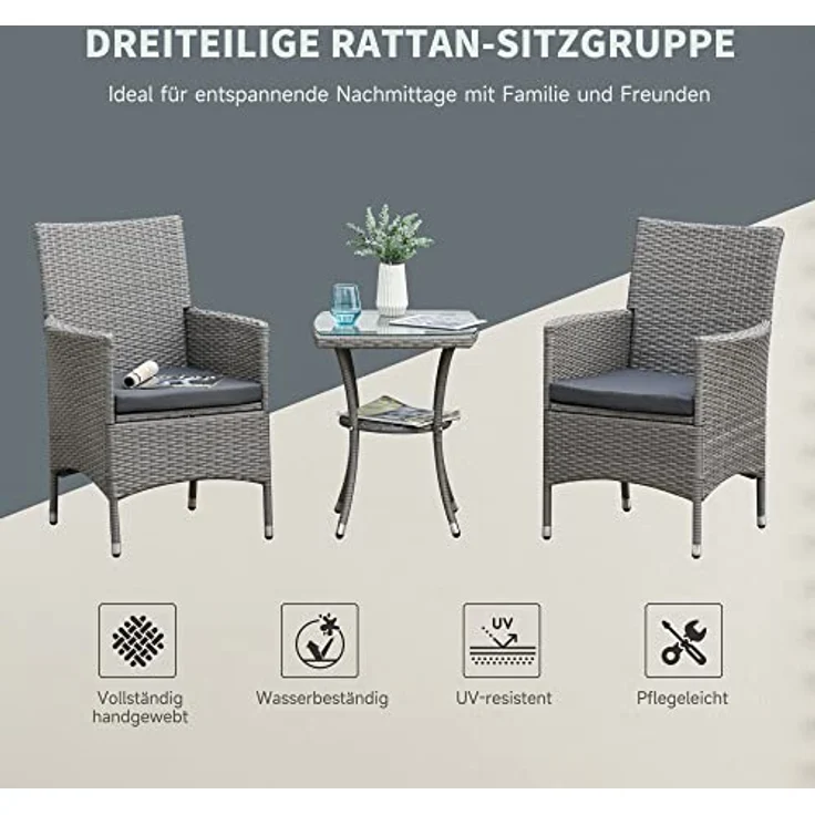Outsunny Sitzgruppe Sitzgarnitur mit Sitzkissen Grauv 60 x 58,5 x 89,5 cm, (Set, 3-tlg, Gartenmöbel Set), Polyrattan + Stahl – Bild 4