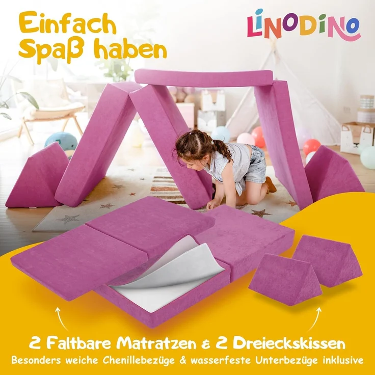 Linodino Kindersofa Spielsofa I aus Schaumstoff Bausteine I Spielcouch für Kinder, Wasserfeste Unterbezüge, Waschbare Chenille Bezüge 30° – Bild 4