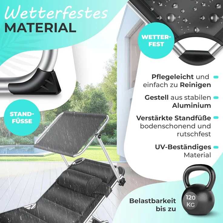 KESSER® Sonnenliege SUN mit Dach Gartenliege Liegestuhl klappbar Sonnendach Verstellbarer Rückenlehne , ergonomisch, gepolsterter Liegefläche, Aluminium Liege Gartenstuhl tragbar Strandliege Schwarz – Bild 6