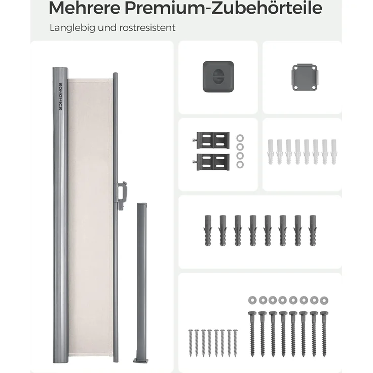 Songmics Seitenmarkise Aluminium, Einziehbar, 180x400 cm, Sichtschutz, Sonnenschutz, Blickdicht, Windschutz, für Balkon, Terrasse, Garten, Beige, GSA184E01 – Bild 8
