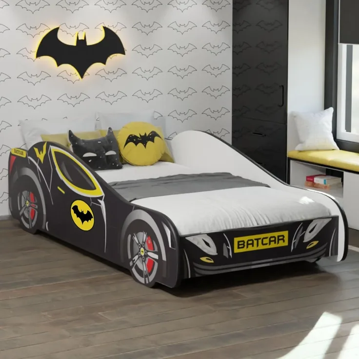 Kids Collective Autobett 70x140, 80x160 cm Kinderbett Jugendbett mit Rausfallschutz (Spielbett Batman Batmobil Bat Car Auto), Bett in schwarz Kinderbett 70x140 cm optional mit Matratze