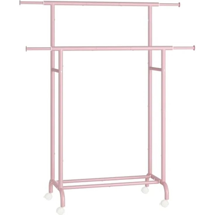 Songmics Kleiderständer auf Rollen, doppelte Stangen, ausziehbare Kleiderstangen, Garderobenständer aus Stahlrohren, bis 80 kg belastbar, 83-120 cm breit, Pastellrosa – Bild 2