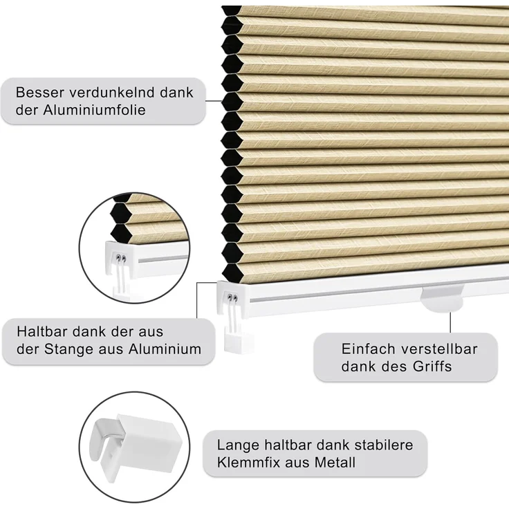 WOLTU Wabenplissee ohne Bohren Verdunklung Thermo Doppelplissee Klemmfix Zweifarbig 90x200 cm Beige-Weiß, Plissee Faltrollo Sonnen-, Sicht- & Schallschutz, Jalousie Plisseerollo für Fenster & Tür – Bild 4