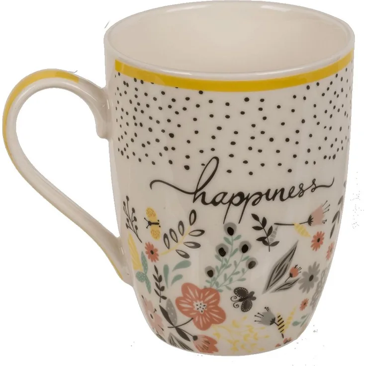 Tasse ca. 8x10,5 cm mit Spruch und Blumenmotiv bunte Kaffeetasse mit Farbakzent Happiness