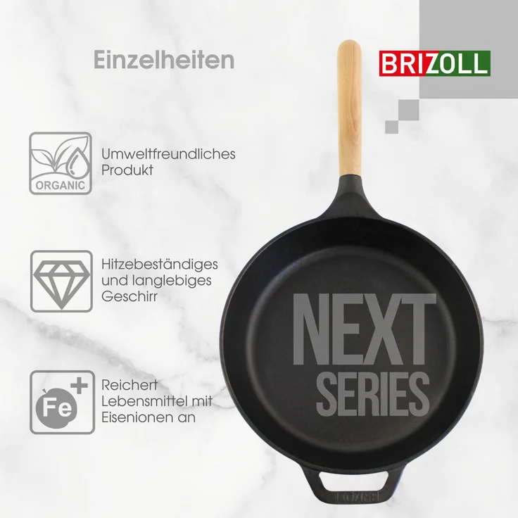 Ø26cm 54mm tief Gusseisenpfanne BRIZOLL Bratpfanne aus Gusseisen Eisenpfanne Gusspfanne rund mit Holzgriff von 4big. fun INDUKTION für alle Herdarten – Bild 8