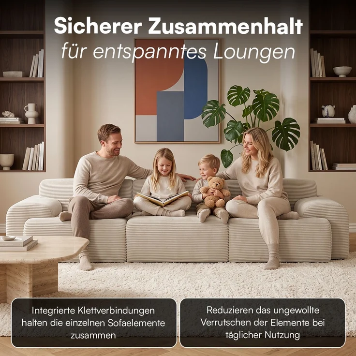 skølm 'Menja' Sofa 3-tlg, 3er Sitz mit 3 Kissen, Cord beige, Vollschaumcouch mit Federkern und Vakuum-Kompression, kein Aufbau erforderlich – Bild 4
