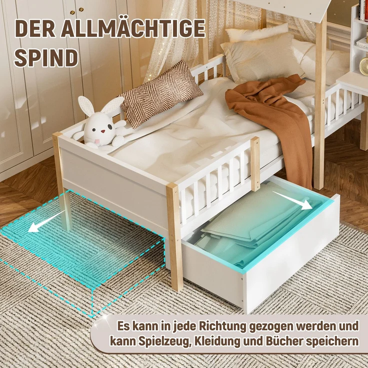 Kinderbett 90x200cm Weiß-Hellbraun Massivholz mit L-förmigem Schreibtisch, Bücherregal, Rollschubladen und Rausfallschutz – Bild 6