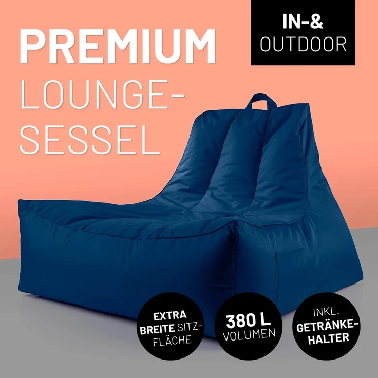Lumaland Sitzsack-Lounge In-& Outdoor 380l navyblau mit Flaschenhalter – Bild 2