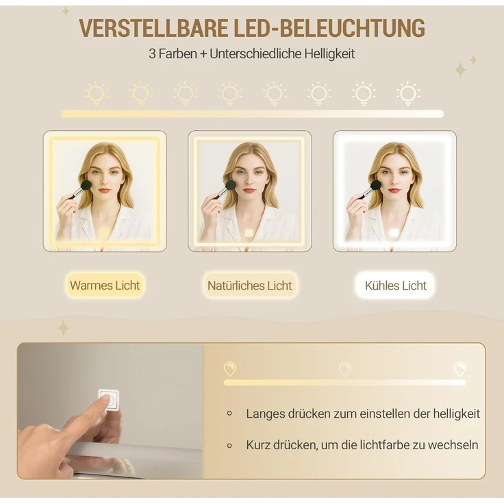 Großer Schminktisch mit LED-Beleuchtung, 3 Farben, Helligkeitsregulierung, Schminktisch mit Spiegel, 9 Schubladen, 9 offenen Ablagen, Moderner Stil, Weiß-Silber – Bild 3