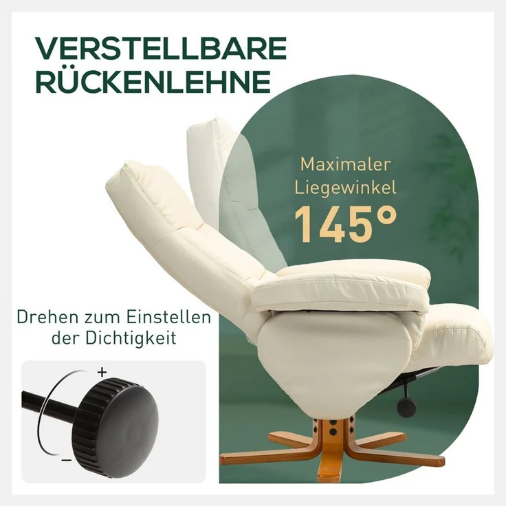 HOMCOM Relaxsessel mit Hocker und Stauraum, mit Liegefunktion (Fernsehsessel, 2-St, 360° drehbarer Sessel), Kunstleder Holzgestell Cremeweiß 80 x 86 x 99cm – Bild 3