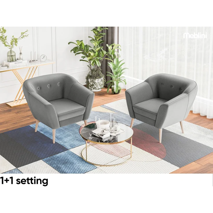 MEBLINI Mini Sofa Set 2-1-1 für Wohnzimmer - Mini Lounge für vier Personen - Küchensofa - Sofa Klein - Sitzgarnitur - Polstergarnitur - Sofagarnituren - DORIS - 2+1+1 - Hellgrau Samt – Bild 5
