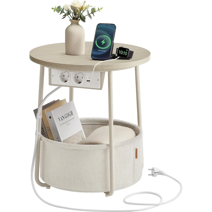 VASAGLE Beistelltisch rund, Kleiner Tisch, Couchtisch mit Steckdose, Wohnzimmertisch, Korb aus Stoff, Stauraum für Wohnzimmer Schlafzimmer, Nachttisch modern, naturbeige-cremeweiß LET228LL01 – Bild 1