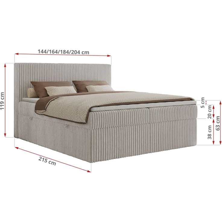 Boxspringbett mit Kopfteil und Topper T25, Cord Bett - TILIANO - 200 x 200 cm - Hellgrau Cord - H3 – Bild 5