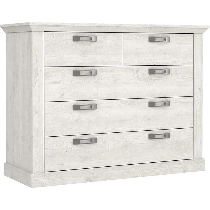 FORTE Kashmir Kommode mit 5 Schubkästen, Holzwerkstoff, Pinie weiß, B x H x T: 119. 5x89. 9x44. 9 cm
