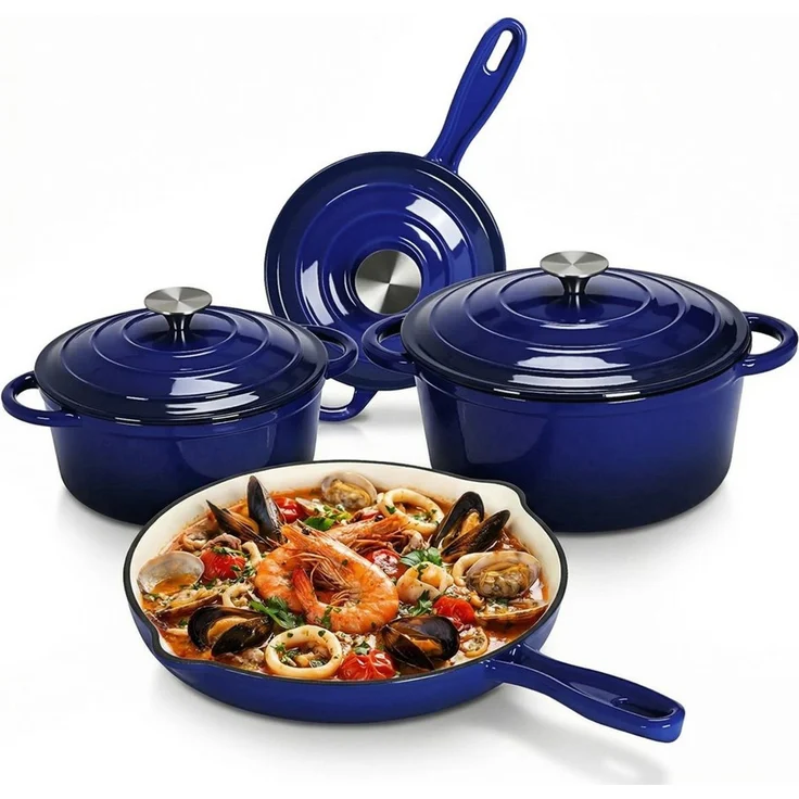 TLGREEN Topf-Set 4‑teiliges emailliertes Gusseisen Topf‑Set, (Ofenfest Kochgeschirr‑Set mit Emaille‑Beschichtung, Induktionsgeeignete Schmortöpfe für Gas‑,Elektro‑ und Glaskeramikherde), gleichmäßige Wärmeverteilung für Braten, Schmoren und Kochen – Bild 1