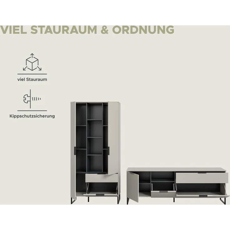 Wohnkombination B/H/T: 290x192x41 cm in Kaschmir Nachbildung und schwarz – Bild 10