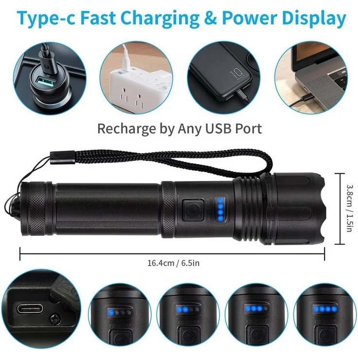 LQWELL LED Taschenlampe LED USB C Aufladbar, Extrem Helle Zoombares Taktische Taschenlampen (1-St, mit 5 Lichtmodi Einstellbare Helligkeit, Wasserdichte Flashlight), für Camping, Wandern, Outdoor, Notfäll – Bild 2