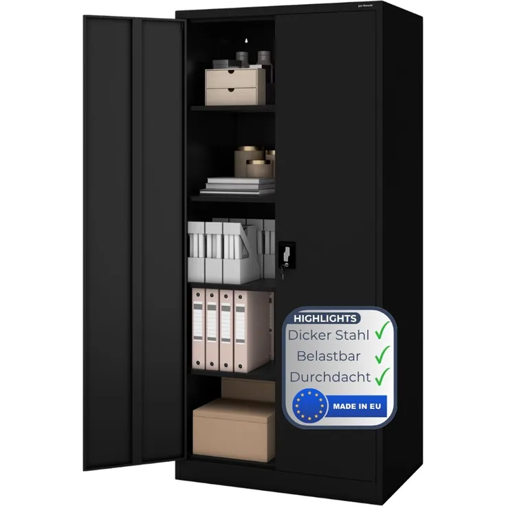 Aktenschrank abschließbar KADO - 5 Ebenen verstellbar, Flügeltüren | Metallschrank Werkstatt Mehrzweckschrank Büroschrank aus Stahl Werkzeugschrank, 195 x 90 x 60 cm Schwarz