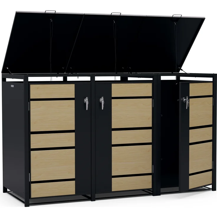 Blumfeldt BinSafe Mülltonnenbox – Wetterfest, Verzinkter Stahl, Für 60L/120L/240L, Schloss, Modernes Design, Mülltonnenverkleidung für 3 Tonnen, Ahorn & Schwarz – Bild 4