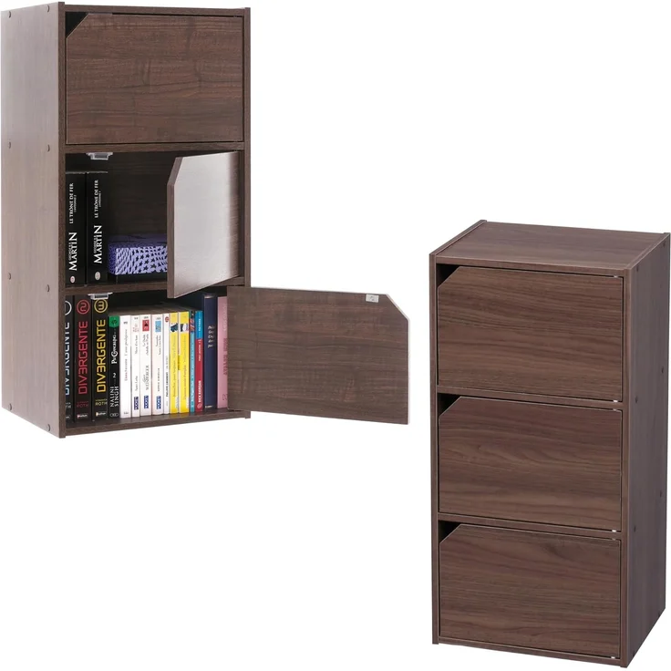 Iris Ohyama, Aufbewahrungsmöbel, Set mit 2 Holzregalen mit Türen, Design, Modular, Büro, Schlafzimmer, Wohnzimmer - MDB-3D - Braun
