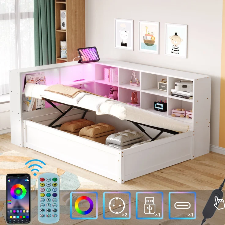 Bett 90x200 cm mit Stauraum und LED-Lichtleiste – multifunktionales Schlafsofa aus Kiefernholz in Weiß – Bild 4