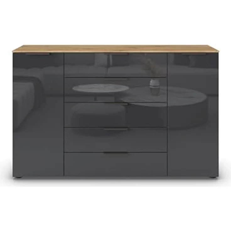 Rauch Möbel Flipp, Kommode für Schlafzimmer, Kinderzimmer, Wohnzimmer, Flur, Garderobe, 2-türig, 5 Schubladen, mit Softclose-Funktion, Farbe Eiche Artisan, Holz/Glas Basalt, Schwarz, Breite 160 cm – Bild 6