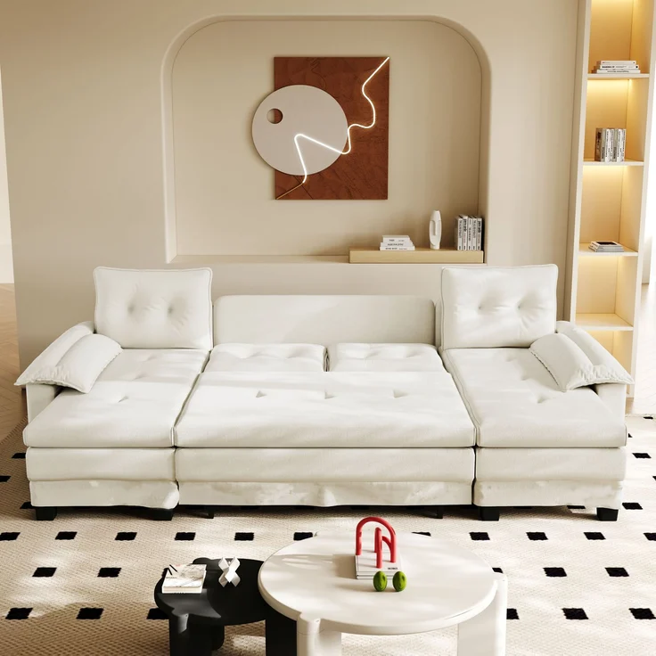 ZUBALIYA Schlafsofa 127x87 cm, mit USB - Anschluss, mit Ausziehbett, mit Chenille - Bezug, mit Samtbezug, modular aufgebaut, Weiß – Bild 2