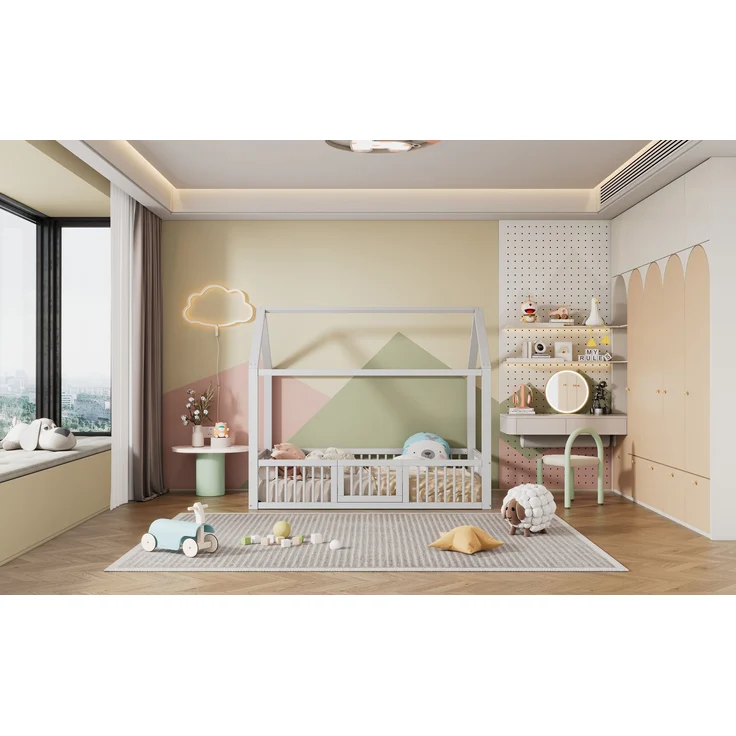 Bett 90x200 cm Hausbett aus Kiefernholz mit Türchen und Rundum-Sicherheitsgitter, ohne Matratze, Weiß – Bild 6