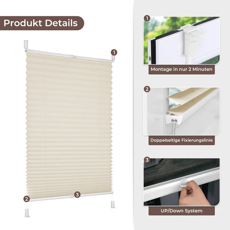 Allesin Plissee ohne Bohren Plissees Klemmfix Beige 50x130 cm(BxH), Plisseerollo Faltrollo mit Klemmträger, Jalousie Rollos für Fenster und Tür, Sichtschutz und Sonnenschutz – Bild 2