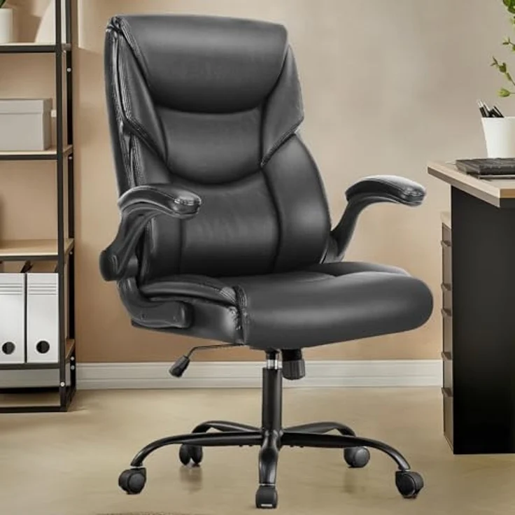 DUMOS Bürostuhl Pu-Leder Chefsessel mit Hochklappbaren Armlehnen Bürostuhle Leder mit Drehbaren Rädern Office Chair Ergonomic Geeignet für Büros Zuhause und Andere Umgebungen – Bild 2