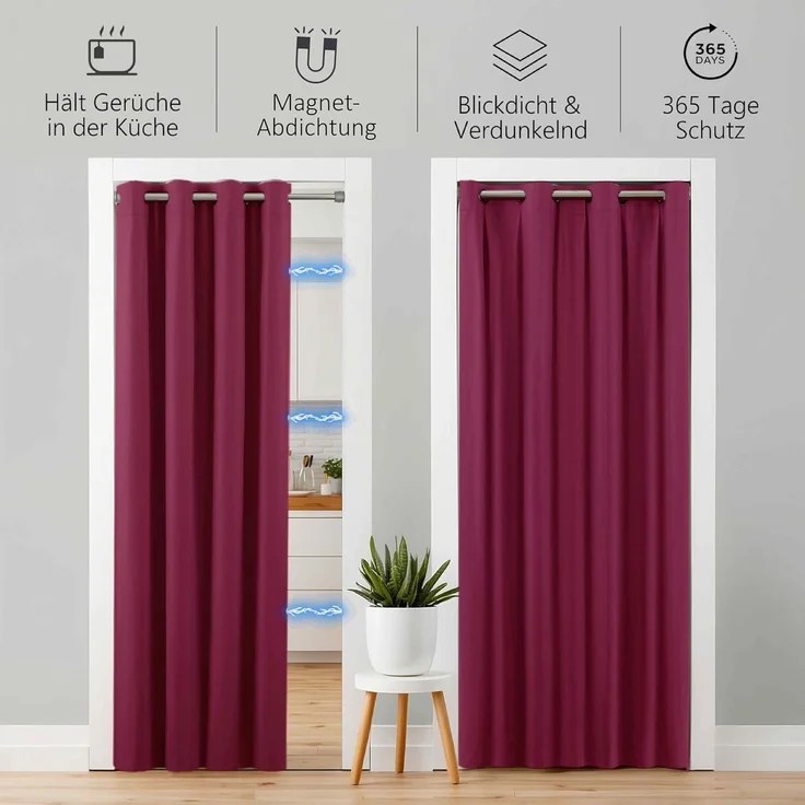 tinycurtains Türvorhang mit Stange silber 55-90 cm ohne Bohren, Thermo Vorhang mit Magneten, Ösen, abdunkelnd, Polyester, blickdicht, bordeaux rot Berry, Türgardine mit Klemmstange verdunkelnd – Bild 5