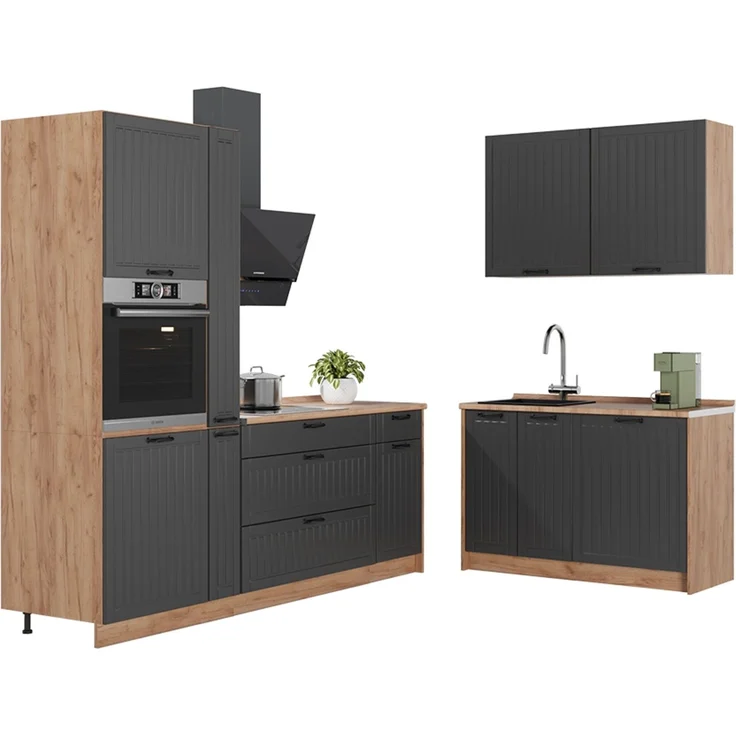 Küchenzeile Fame-Line Dunkelgrau/Goldkraft Eiche 220x120 cm ohne Arbeitsplatte Vicco – Bild 6