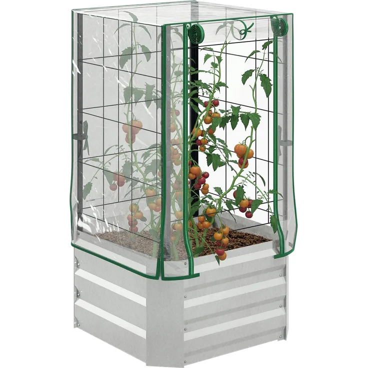 MELAYR, Hochbeet, Gewächshaus, 3-tlg.-Set, mit Rankgitter, Kunststoffabdeckung, 53 x 53 x 90 cm, Silber+Grün