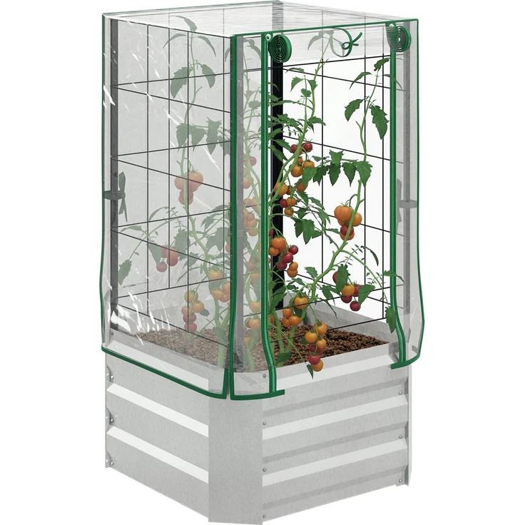 MELAYR, Hochbeet, Gewächshaus, 3-tlg.-Set, mit Rankgitter, Kunststoffabdeckung, 53 x 53 x 90 cm, Silber+Grün – Bild 1